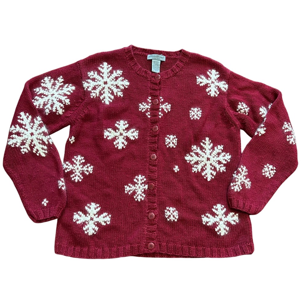 Eddie Bauer Womens Snowflake Knit Cardigan Sweater Vintage Holiday Festive Red‎